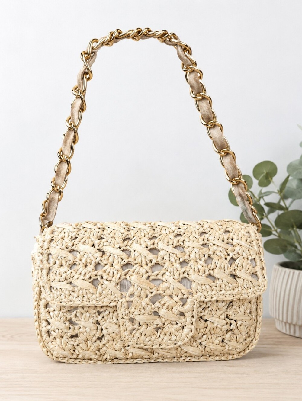 Caterina Bertini Raffia-Woven Handbag With Gold Tone Suede Thread Strap